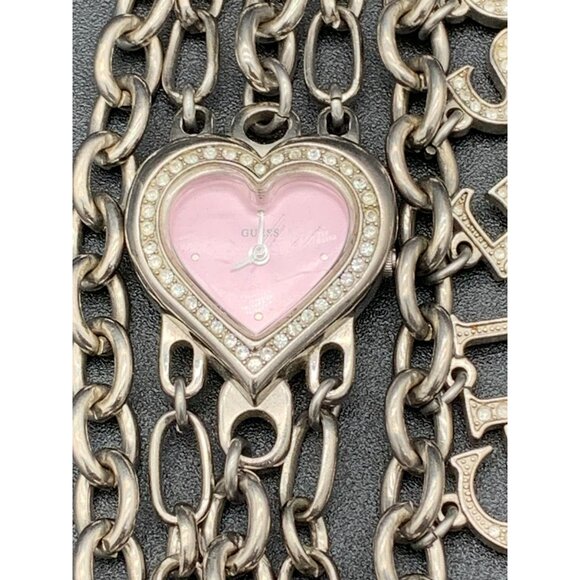 VTG Rare Y2K Guess Silver Tone Chain Pink Heart Watch Bracelet Charms 90s - Picture 4 of 10